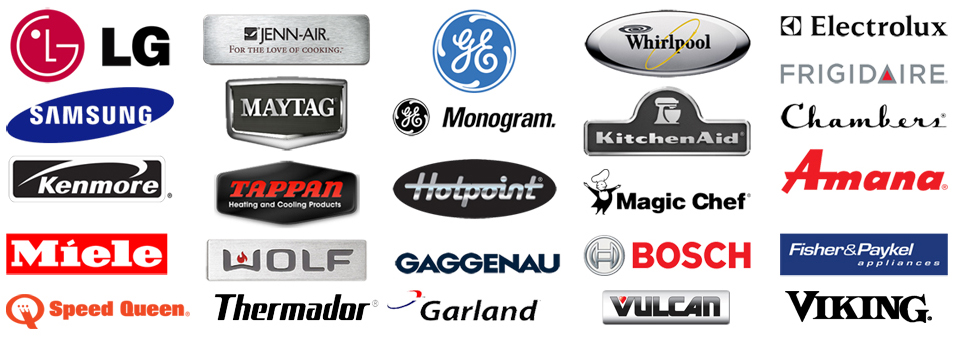 A collection of appliance brand logos including: LG, Jenn-Air, GE, Whirlpool, Electrolux, Frigidaire, Samsung, Maytag, GE Monogram, KitchenAid, Chambers, Kenmore, Tappan, Hotpoint, Magic Chef, Amana, Miele, Wolf, Gaggenau, Bosch, Fisher & Paykel, Speed Queen, Thermador, Garland, Vulcan, and Viking